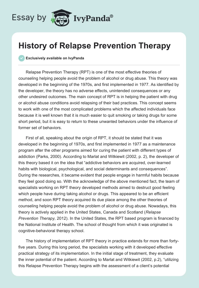 History of Relapse Prevention Therapy. Page 1