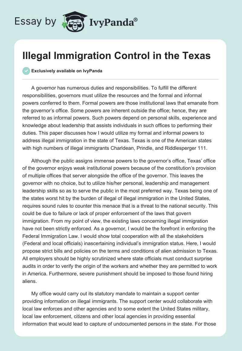 Illegal Immigration Control in the Texas. Page 1
