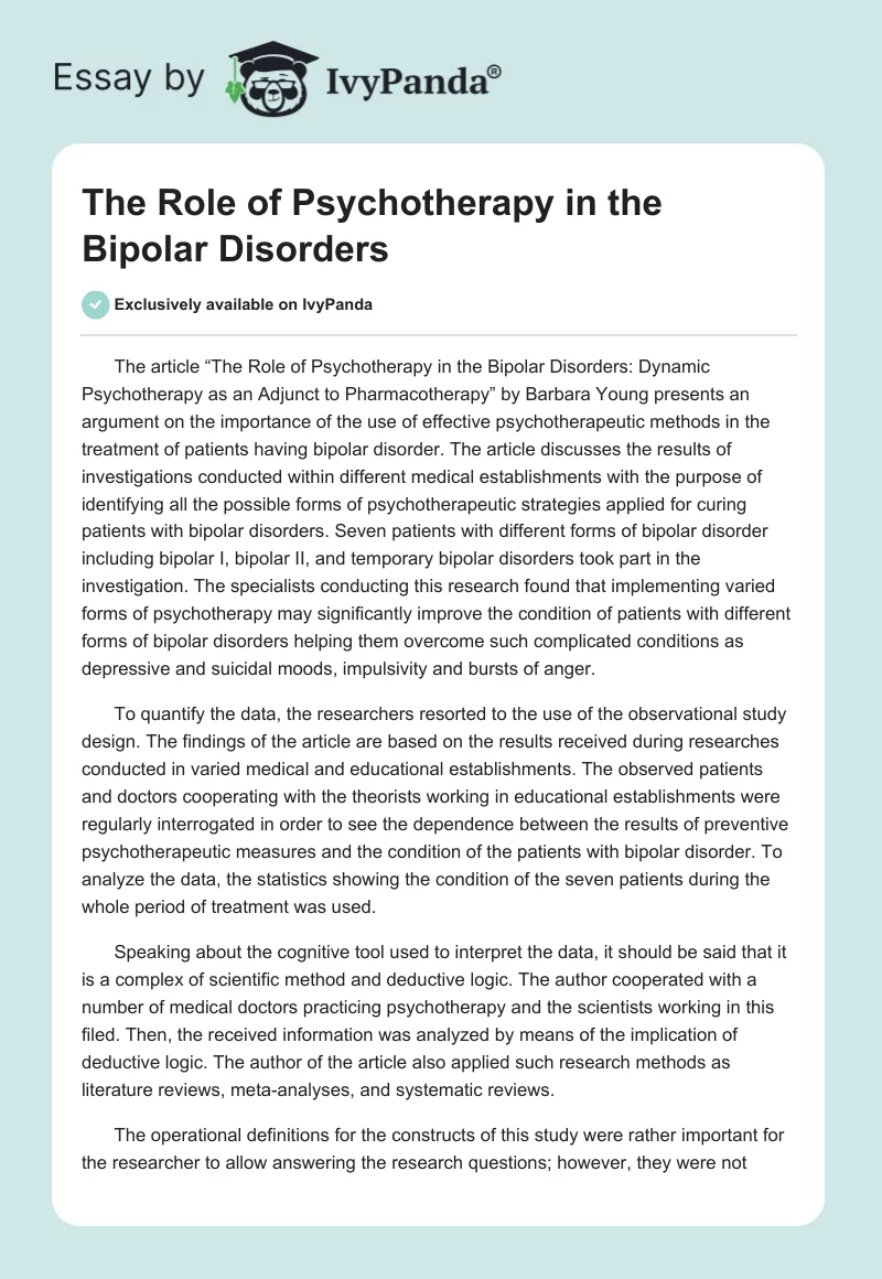 The Role of Psychotherapy in the Bipolar Disorders. Page 1