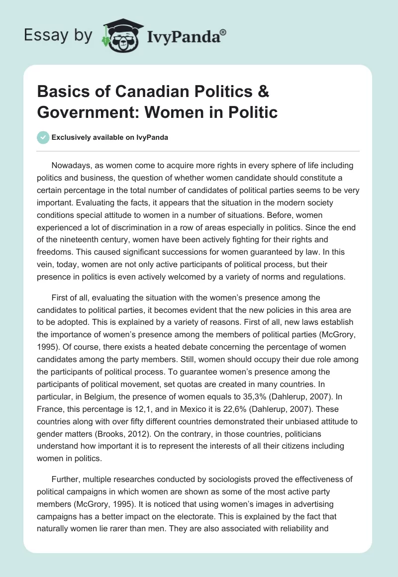 Basics of Canadian Politics & Government: Women in Politic. Page 1