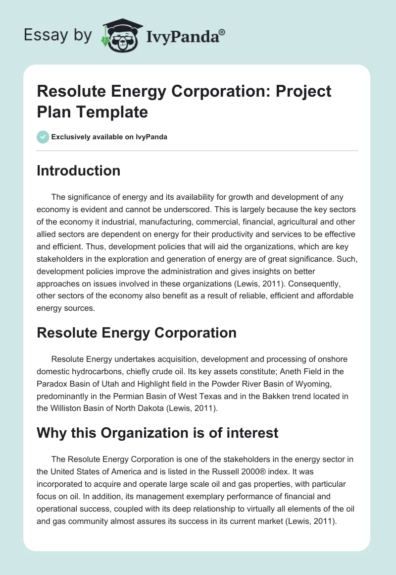 Resolute Energy Corporation: Project Plan Template. Page 1