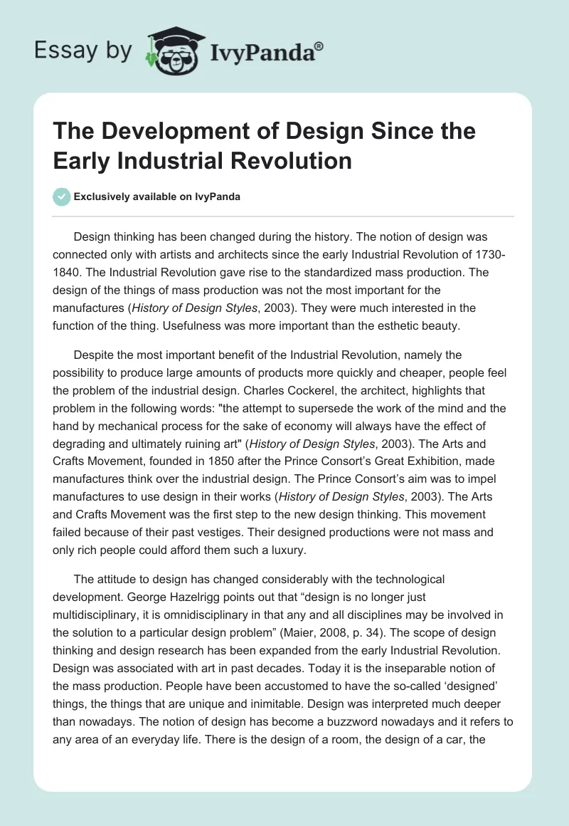 The Development of Design Since the Early Industrial Revolution. Page 1