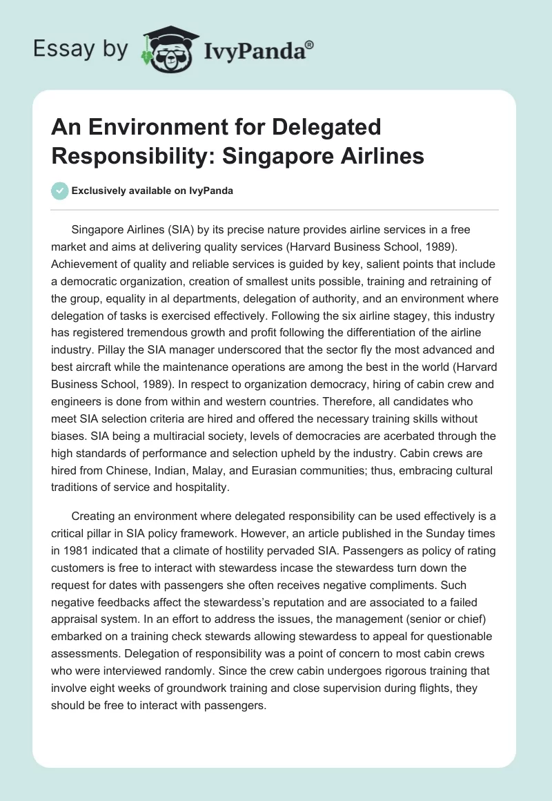 An Environment for Delegated Responsibility: Singapore Airlines. Page 1