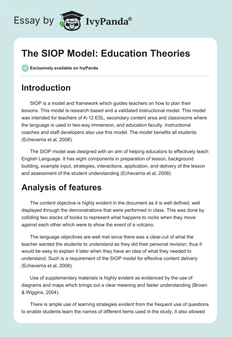 The SIOP Model: Education Theories. Page 1