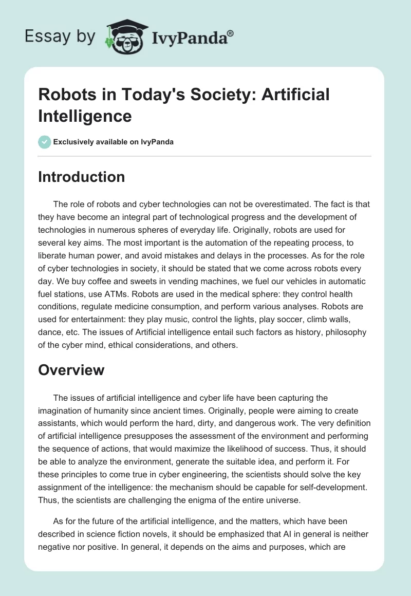 Robots in Today's Society: Artificial Intelligence. Page 1