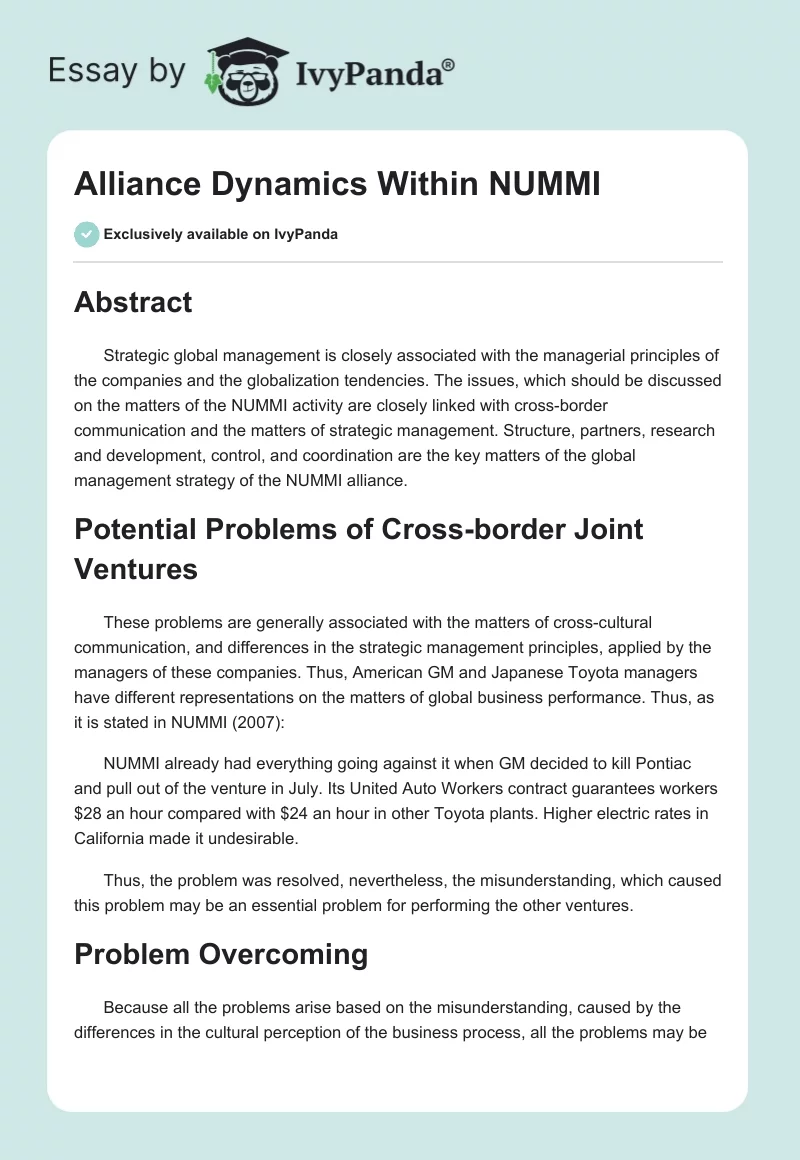 Alliance Dynamics Within NUMMI. Page 1