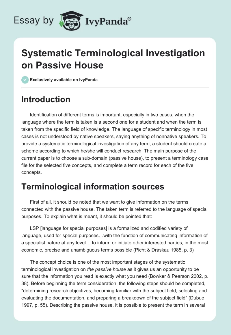 Systematic Terminological Investigation on Passive House. Page 1
