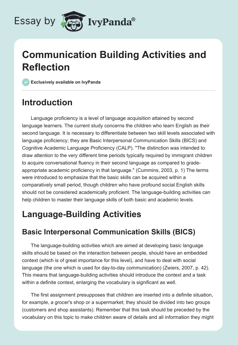 Communication Building Activities and Reflection. Page 1