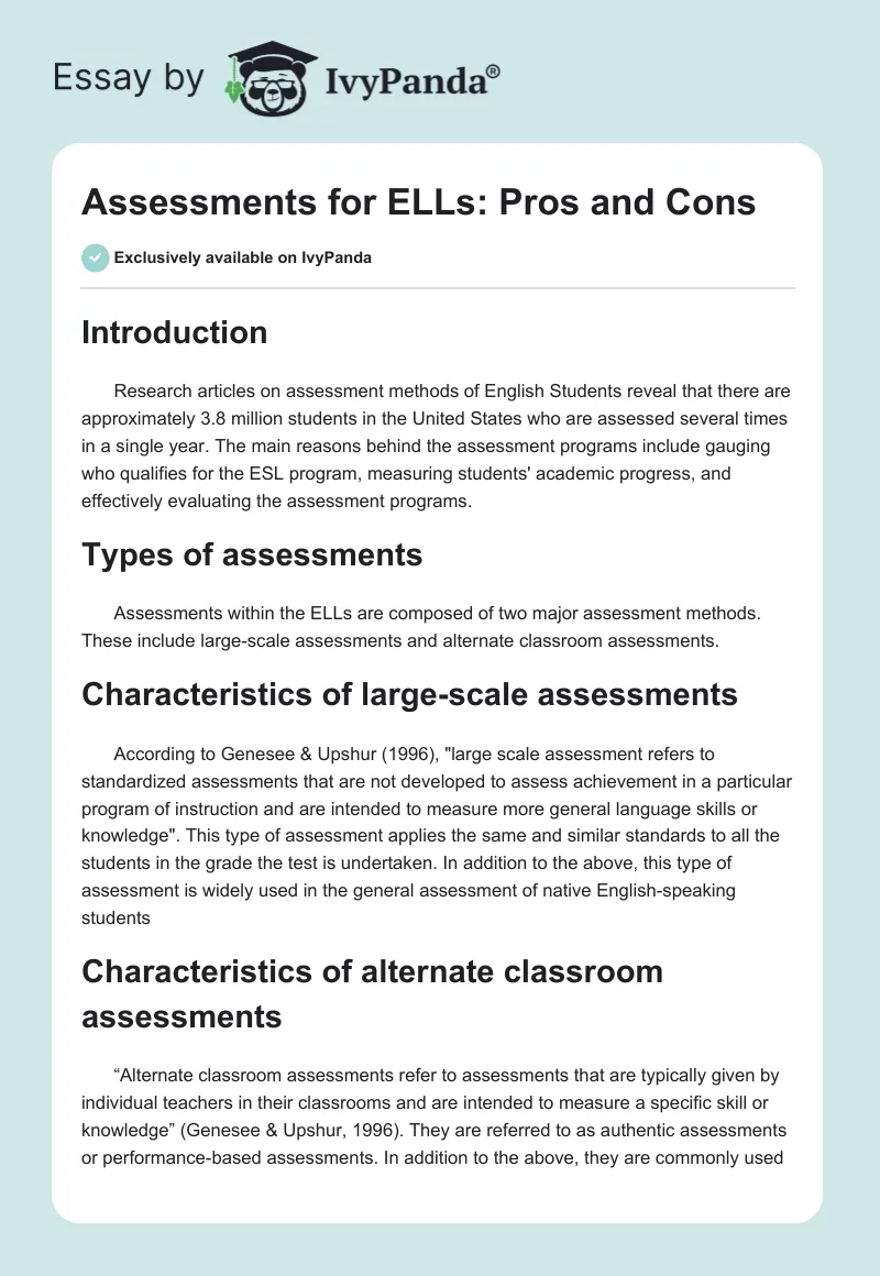 Assessments for ELLs: Pros and Cons. Page 1