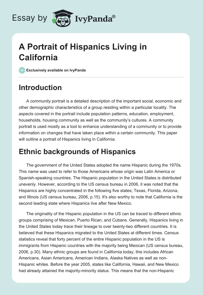 A Portrait of Hispanics Living in California. Page 1
