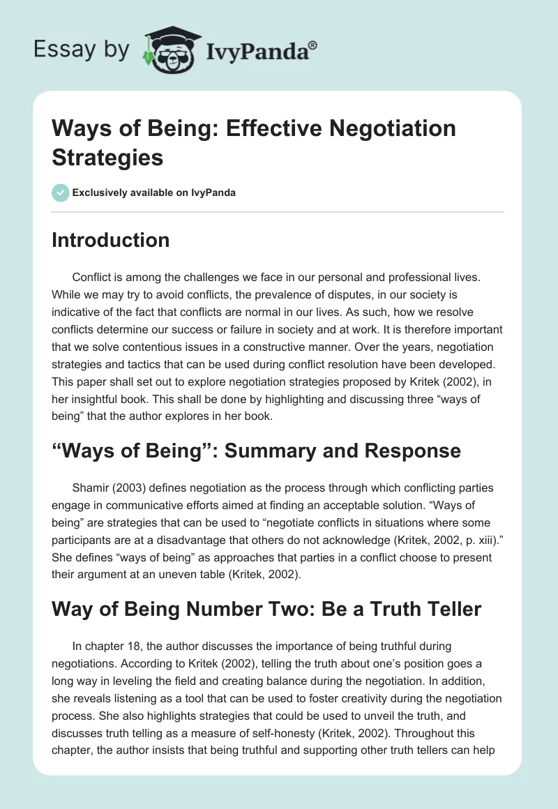 Ways of Being: Effective Negotiation Strategies. Page 1