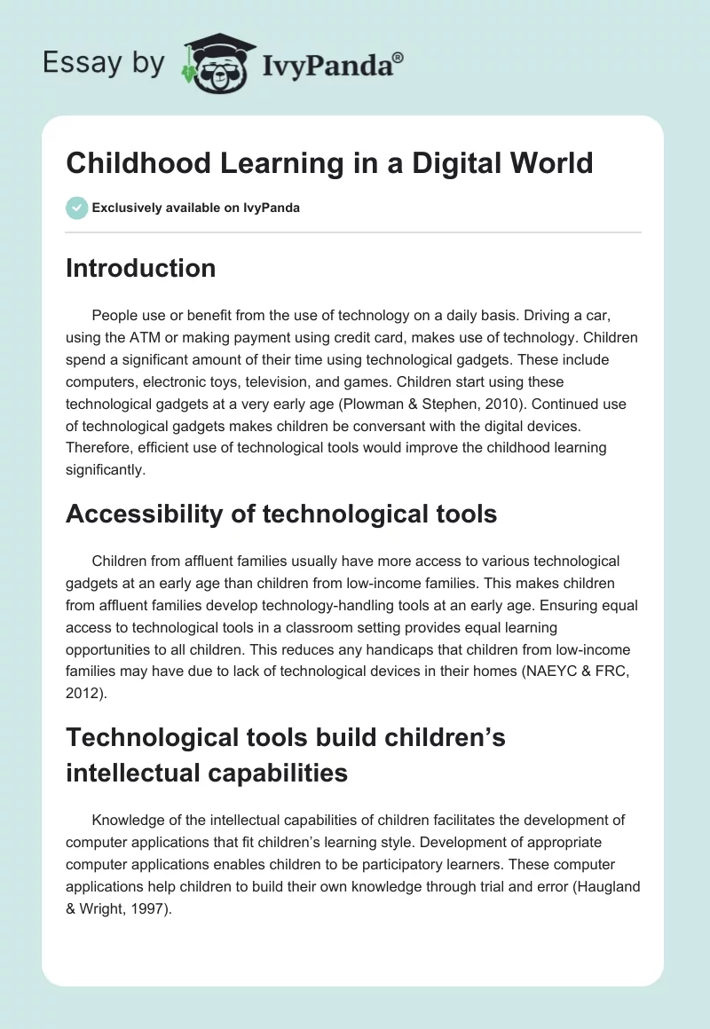 Childhood Learning in a Digital World. Page 1