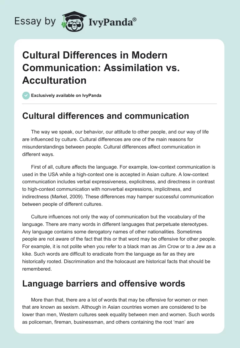 Cultural Differences in Modern Communication: Assimilation vs. Acculturation. Page 1