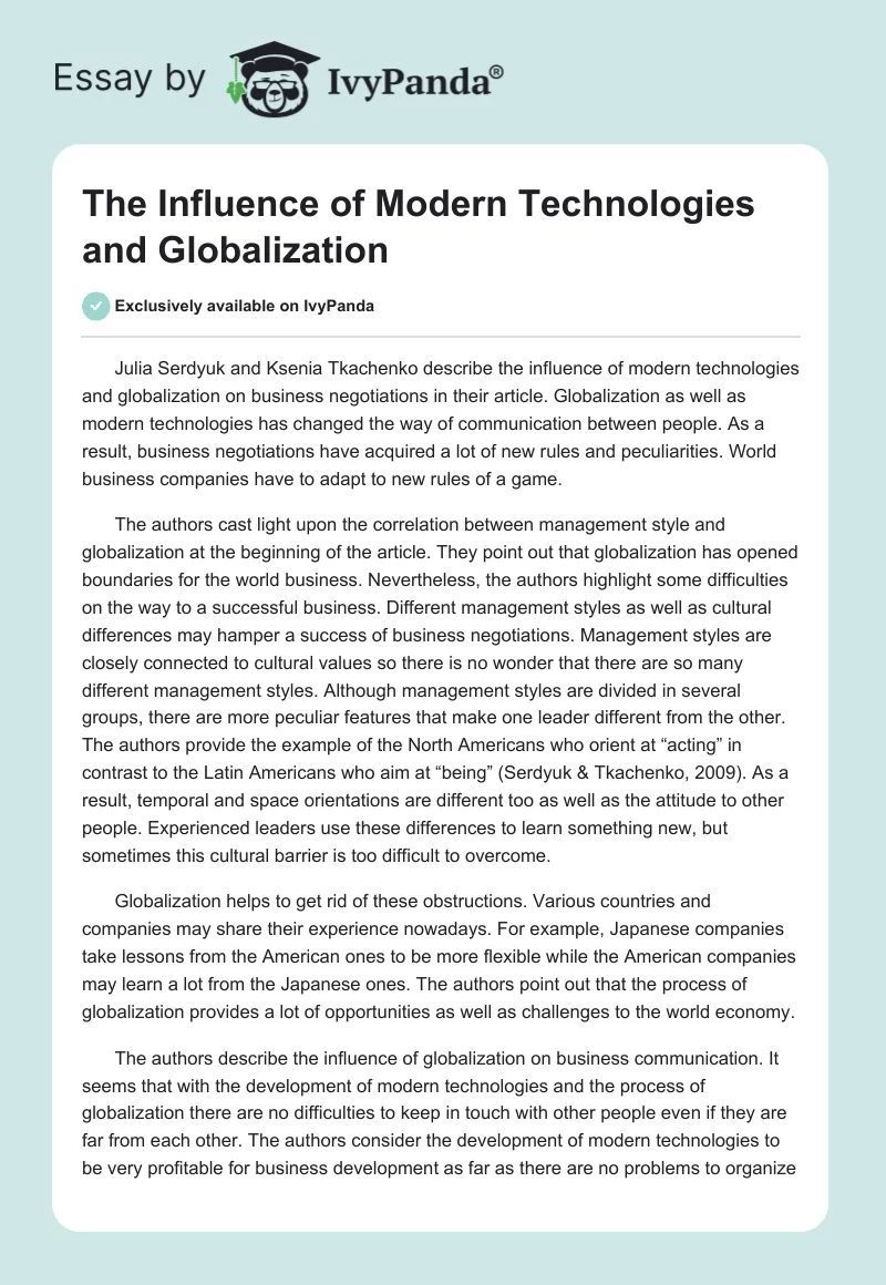 The Influence of Modern Technologies and Globalization. Page 1