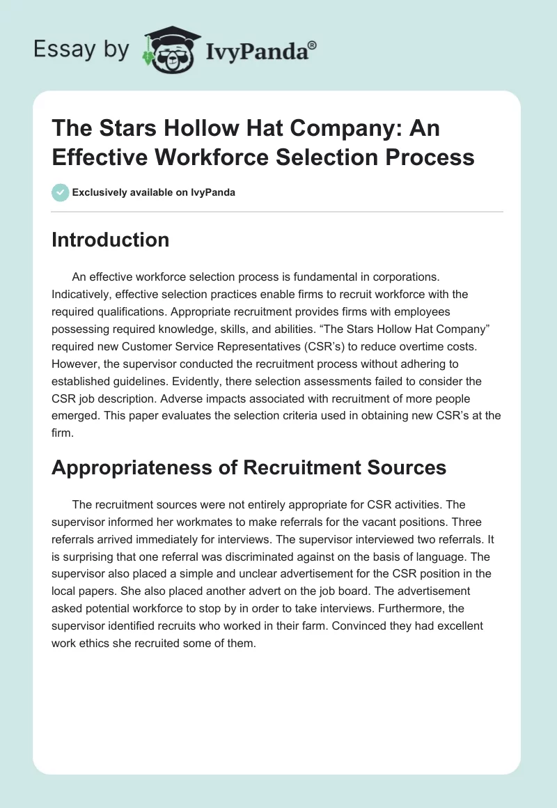 The Stars Hollow Hat Company: An Effective Workforce Selection Process. Page 1