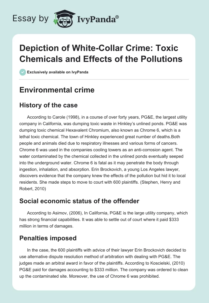 Depiction of White-Collar Crime: Toxic Chemicals and Effects of the Pollutions. Page 1