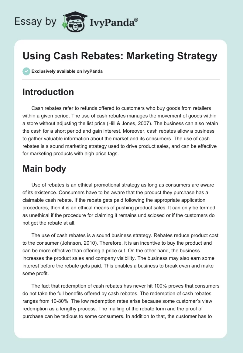 Using Cash Rebates: Marketing Strategy. Page 1