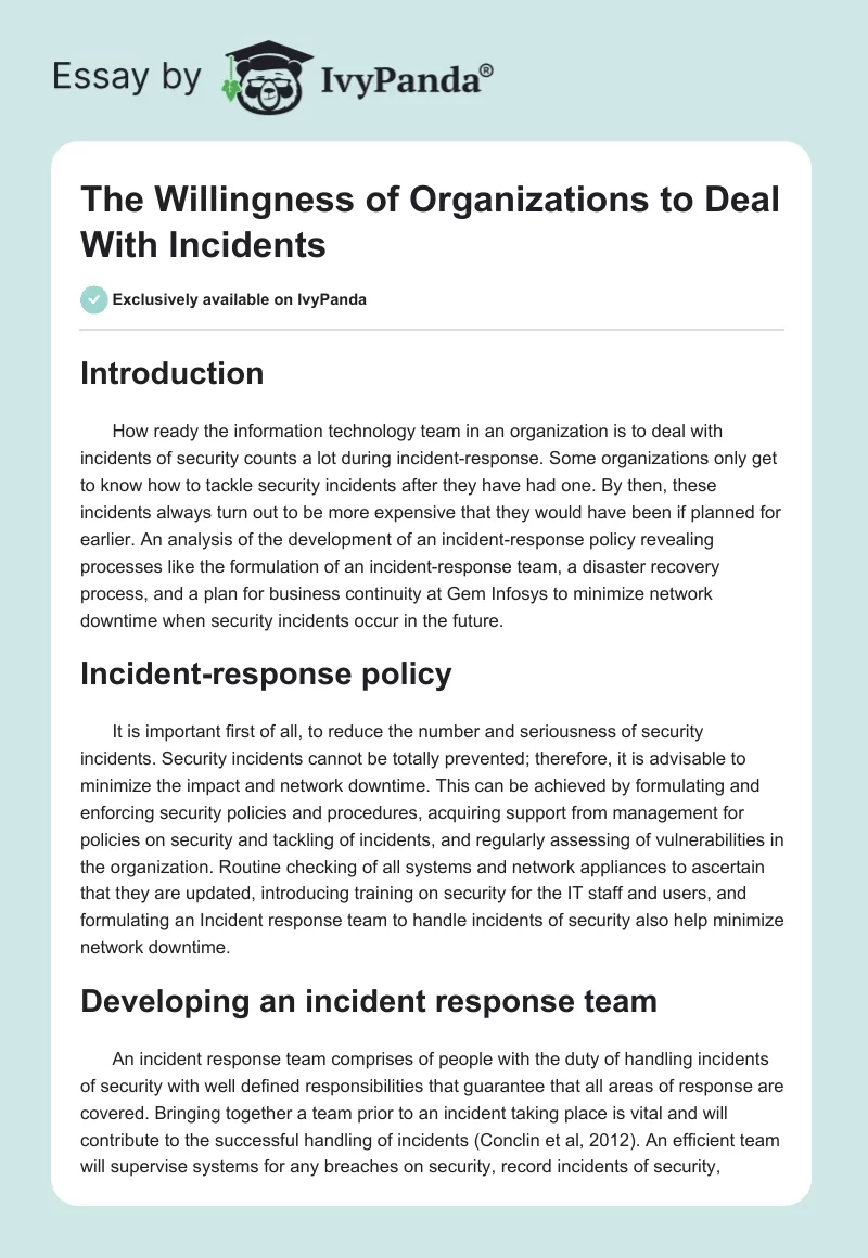 The Willingness of Organizations to Deal With Incidents. Page 1