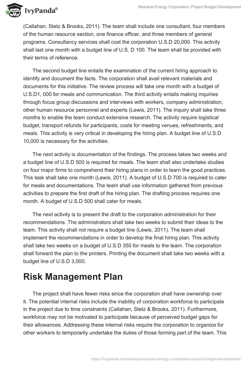 Resolute Energy Corporation: Project Budget Development. Page 2