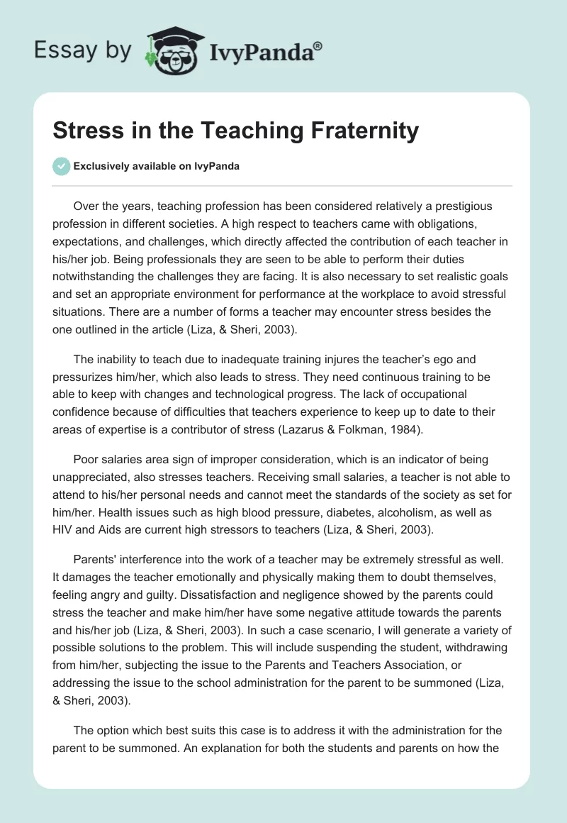 Stress in the Teaching Fraternity. Page 1