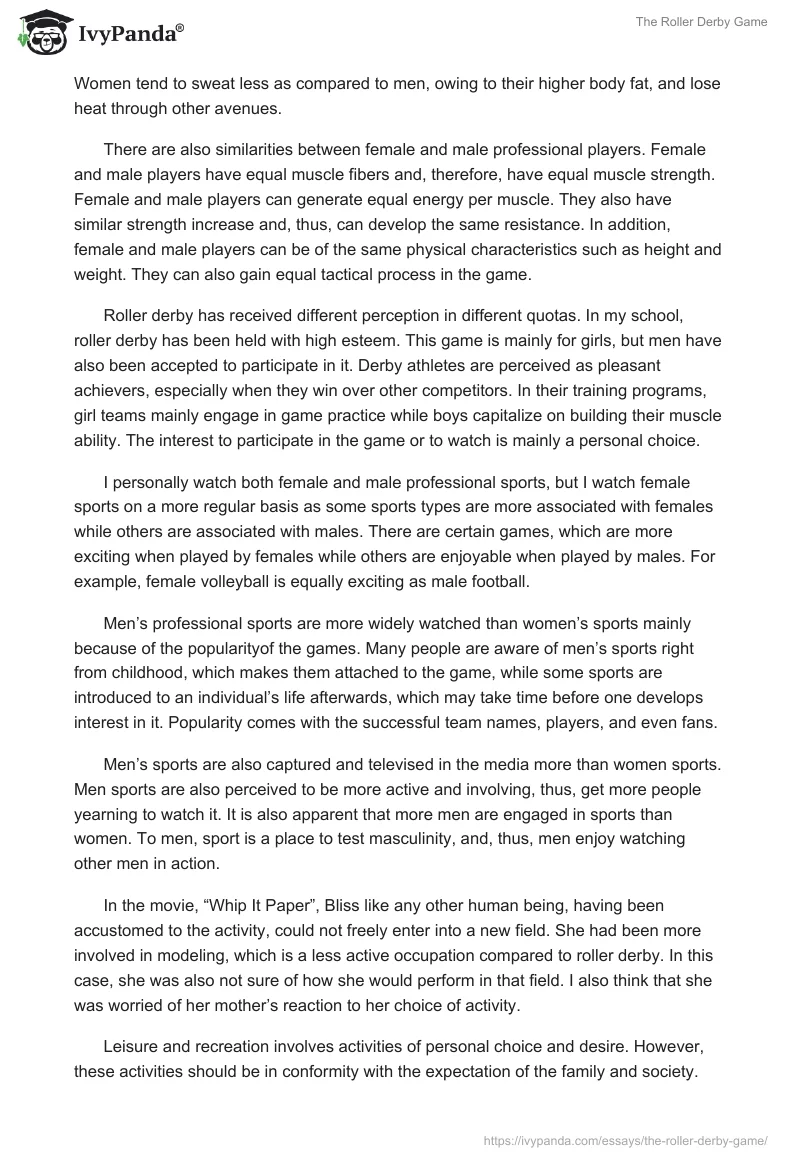 The Roller Derby Game 1178 Words Essay Example