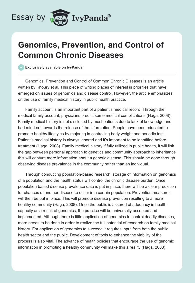 Genomics, Prevention, and Control of Common Chronic Diseases. Page 1