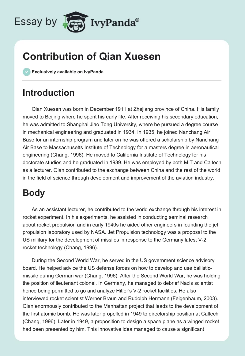 Contribution of Qian Xuesen. Page 1