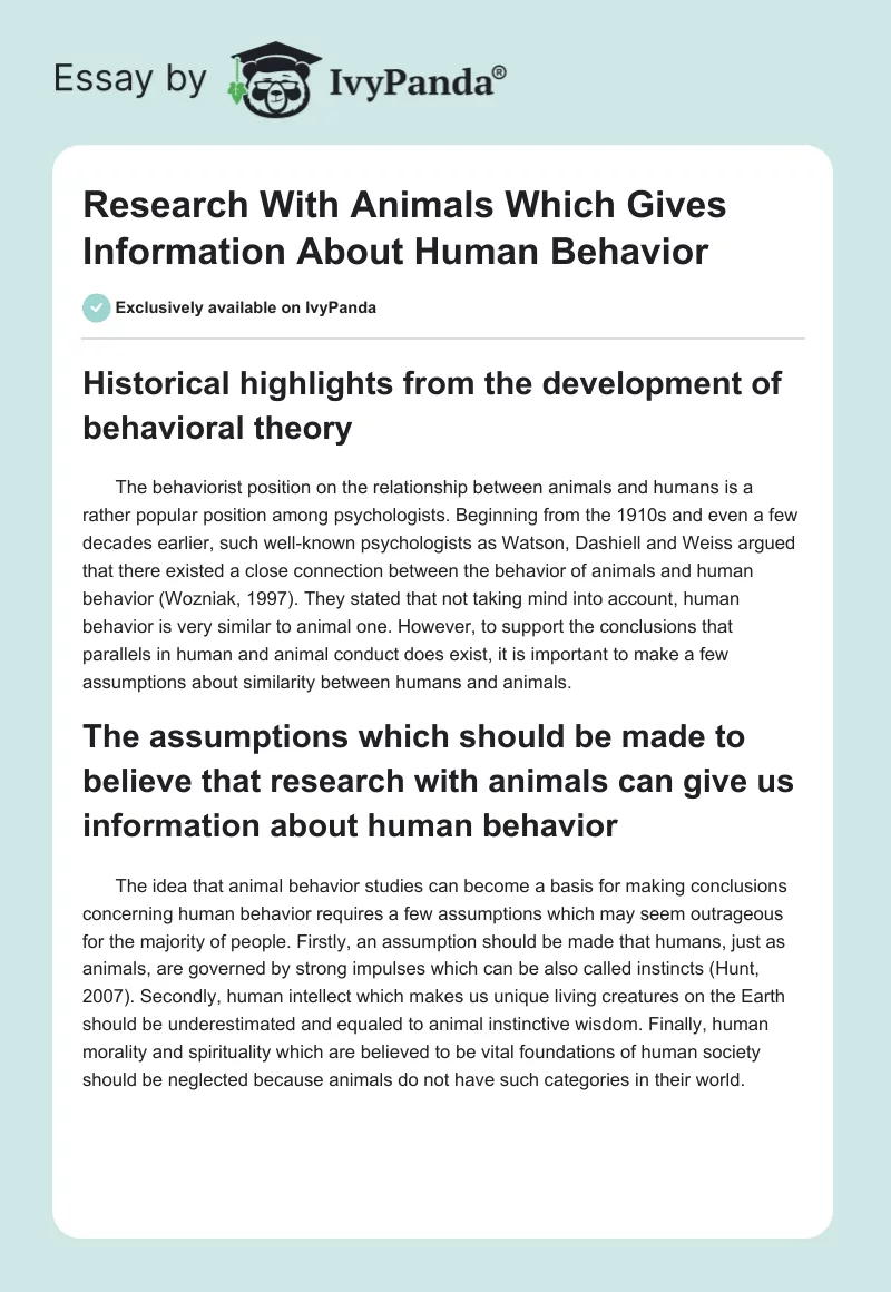 Research With Animals Which Gives Information About Human Behavior. Page 1