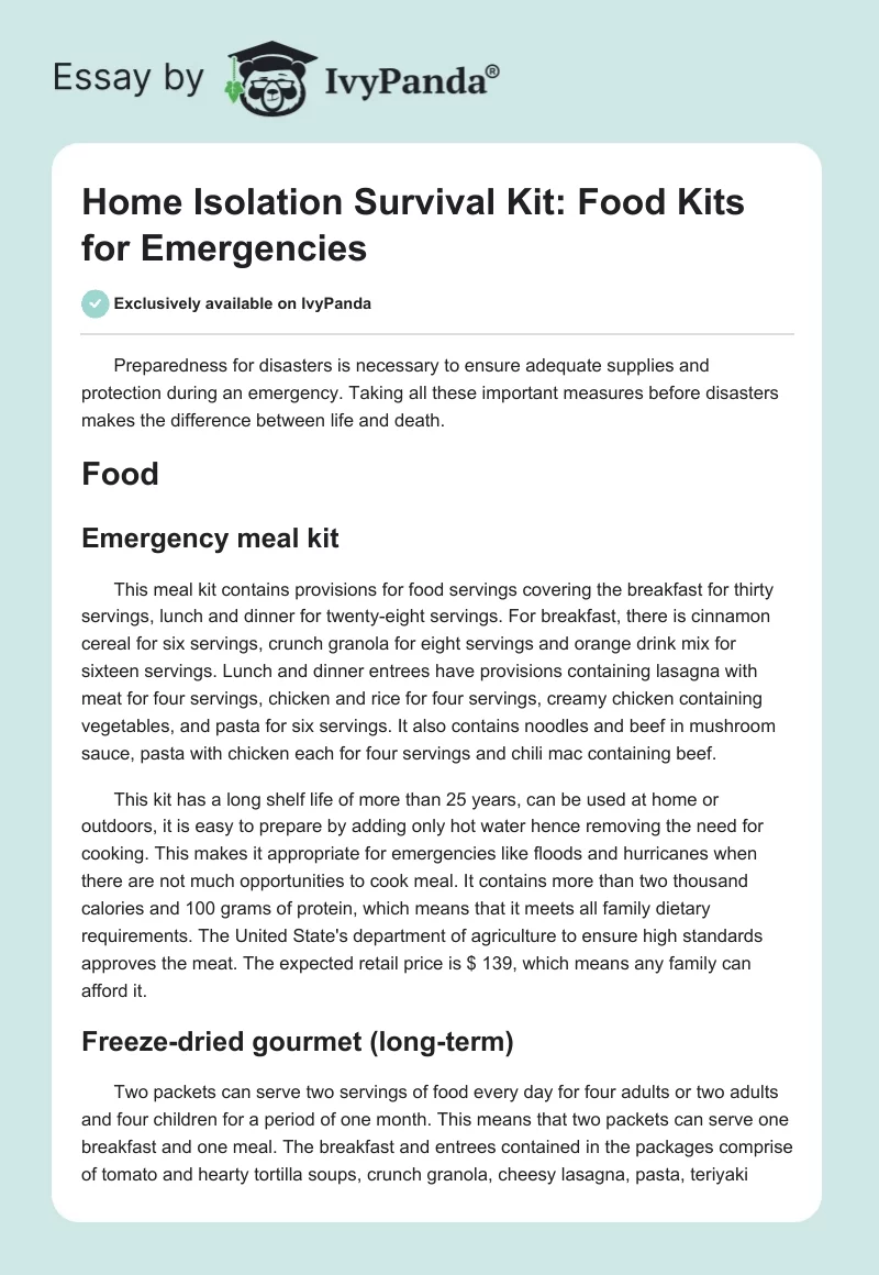 Home Isolation Survival Kit: Food Kits for Emergencies. Page 1