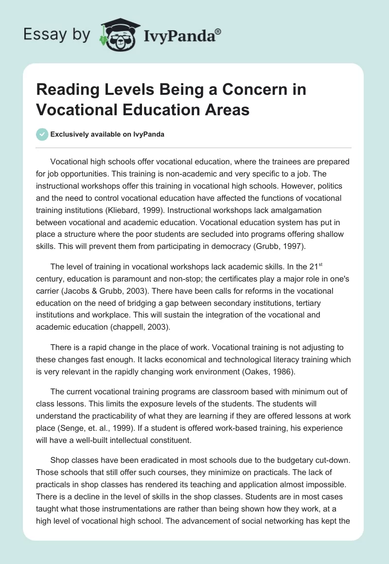 Reading Levels Being a Concern in Vocational Education Areas. Page 1