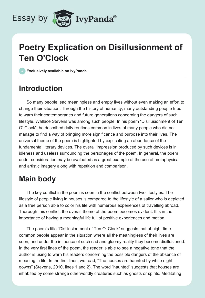 Poetry Explication on Disillusionment of Ten O'Clock. Page 1