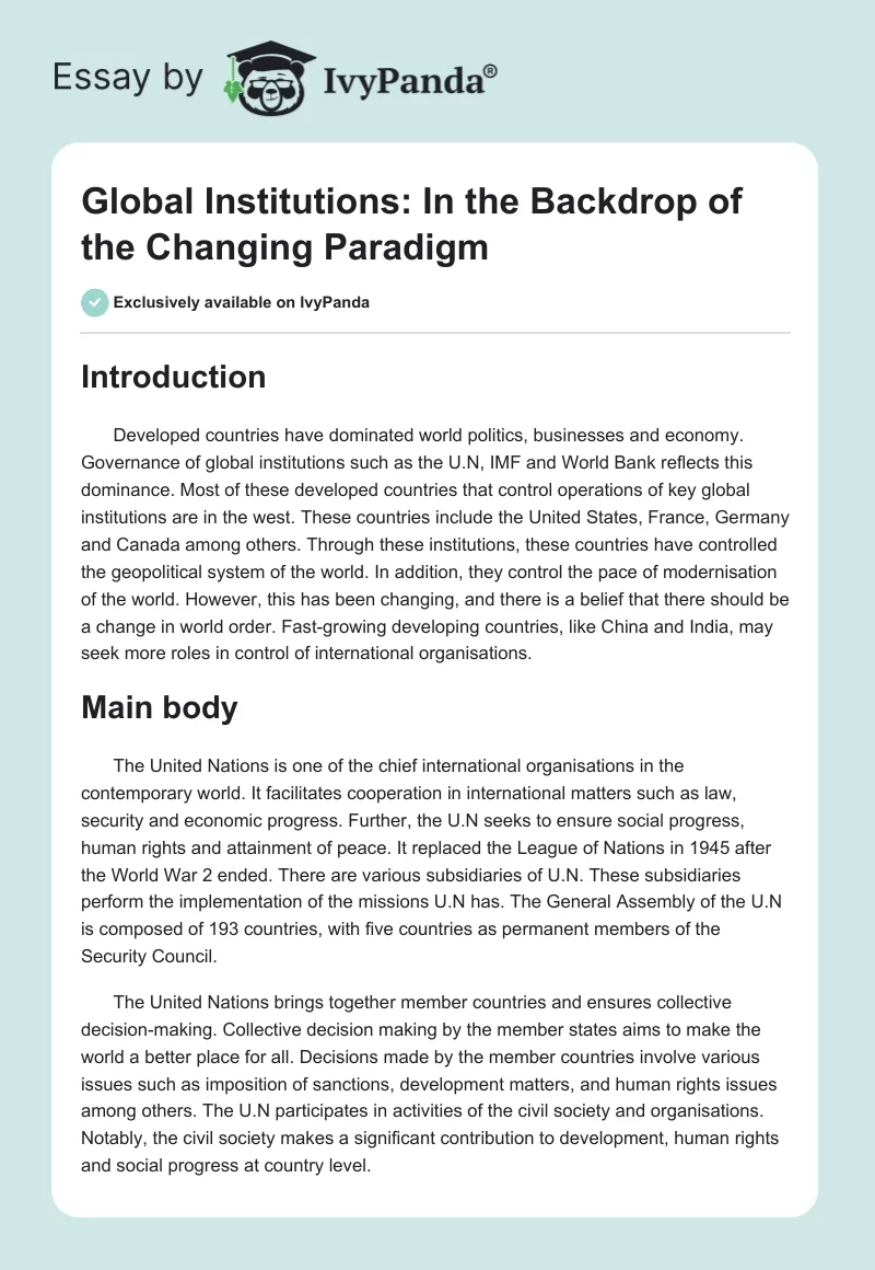 Global Institutions: In the Backdrop of the Changing Paradigm. Page 1