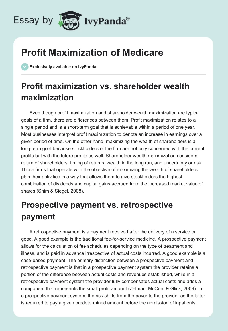 Profit Maximization of Medicare. Page 1