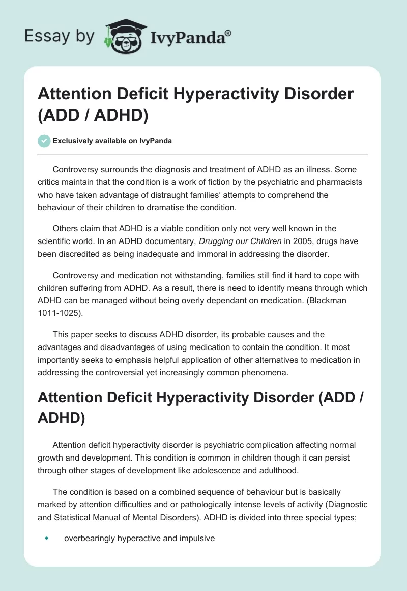 Attention Deficit Hyperactivity Disorder (ADD / ADHD). Page 1
