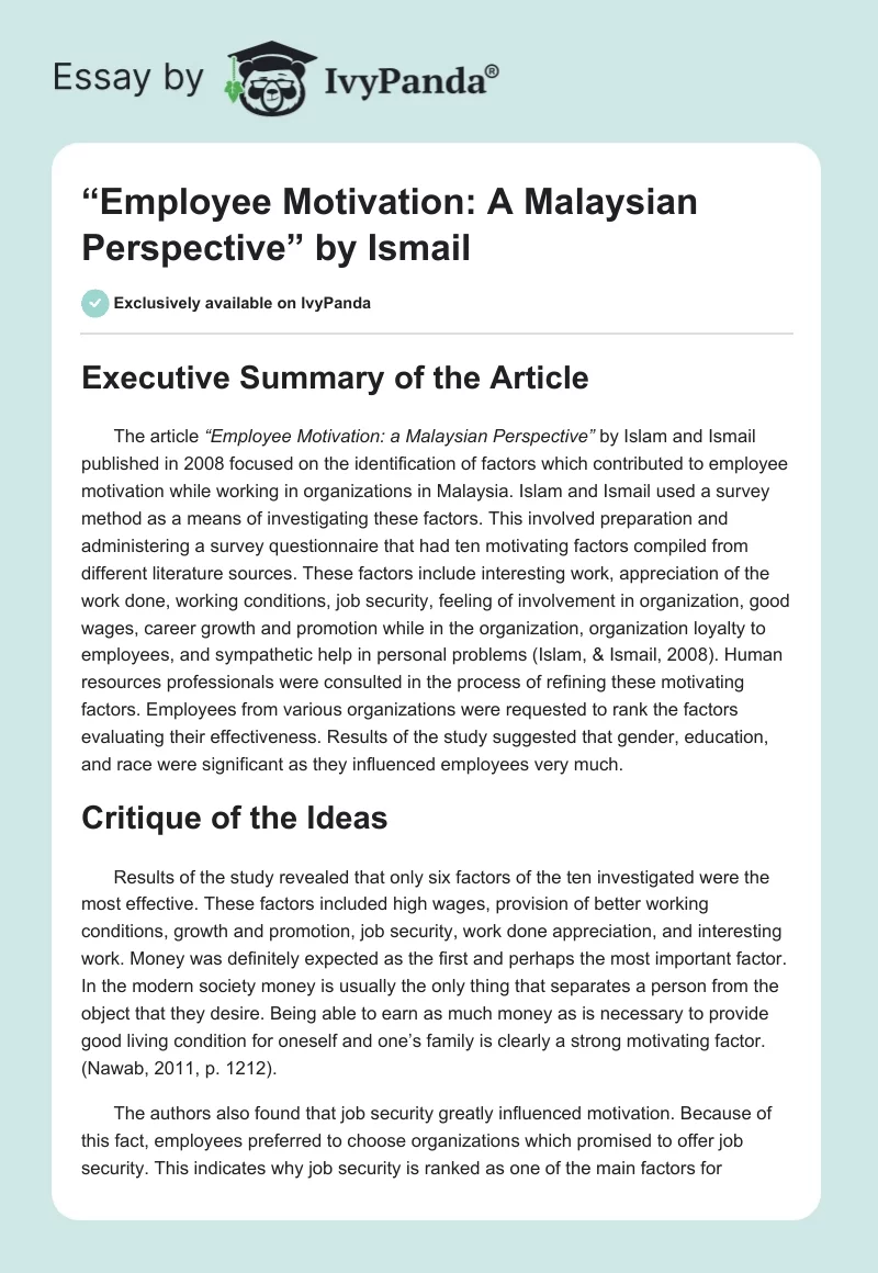 “Employee Motivation: A Malaysian Perspective” by Ismail. Page 1