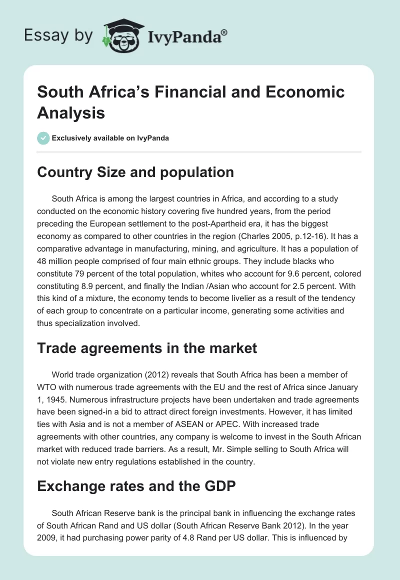 South Africa’s Financial and Economic Analysis. Page 1