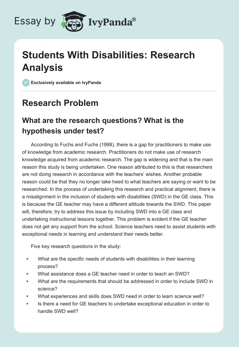 Students With Disabilities: Research Analysis. Page 1