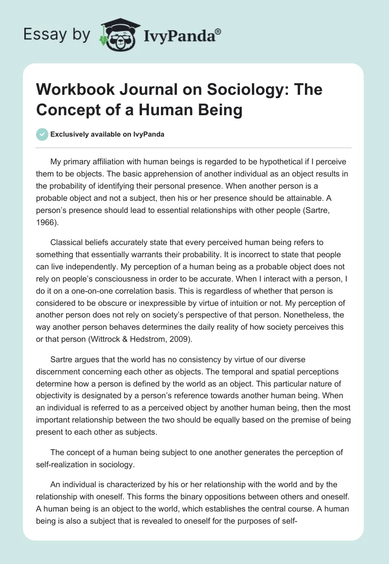 Workbook Journal on Sociology: The Concept of a Human Being. Page 1