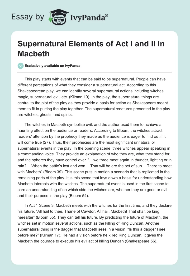 Supernatural Elements of Act I and II in Macbeth. Page 1