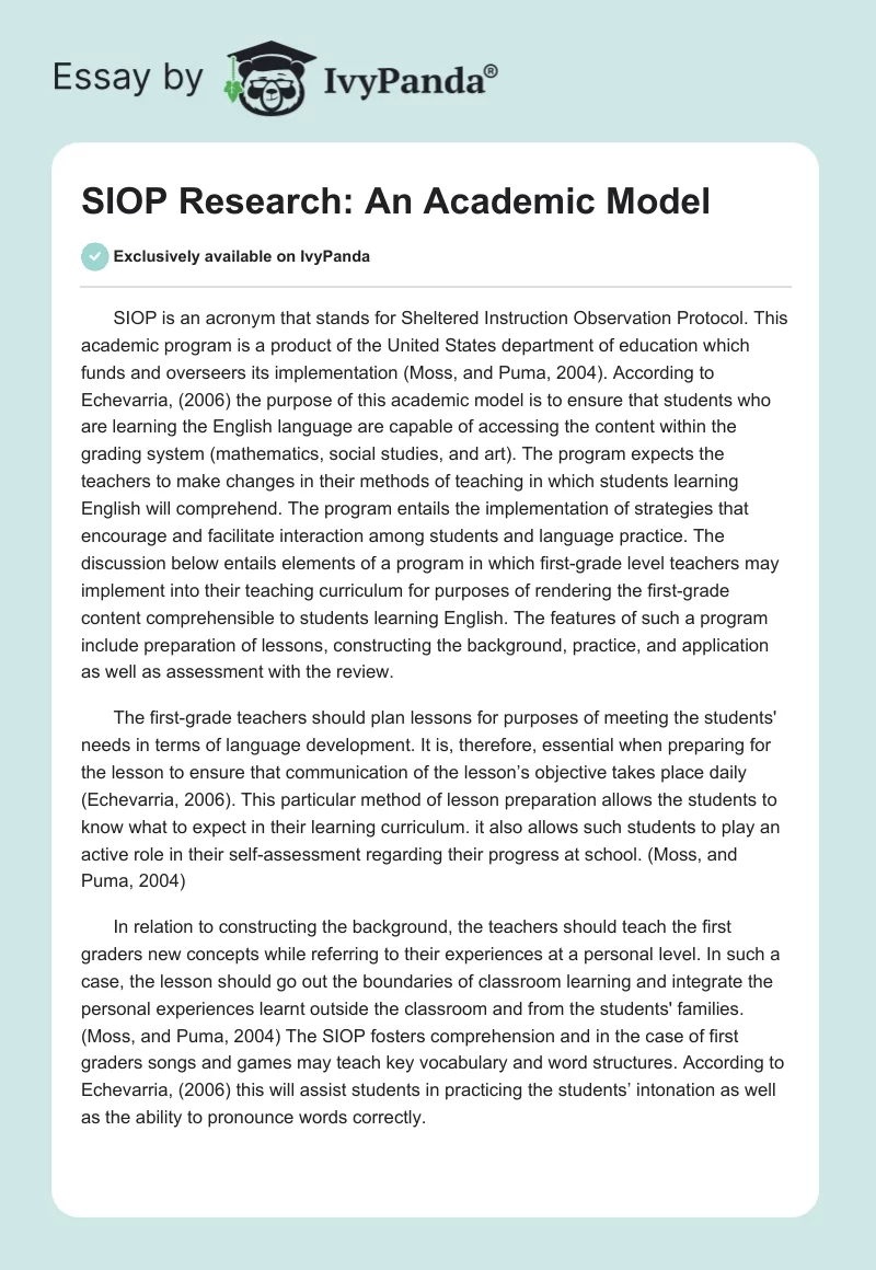 SIOP Research: An Academic Model. Page 1
