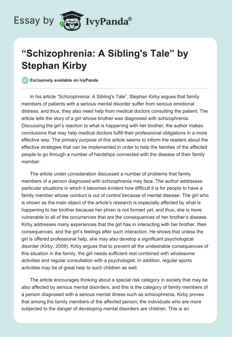 “Schizophrenia: A Sibling's Tale” by Stephan Kirby. Page 1