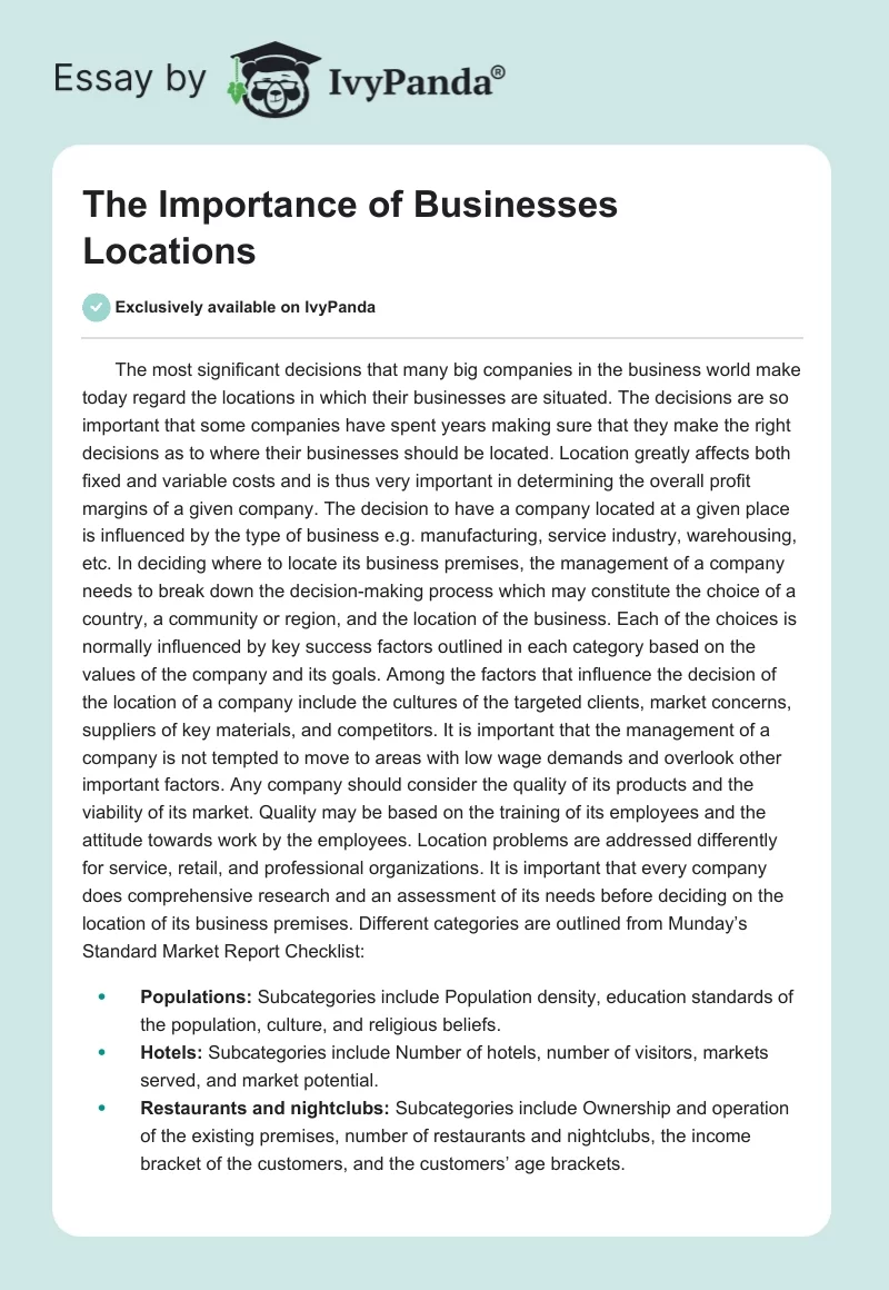 The Importance of Businesses Locations. Page 1
