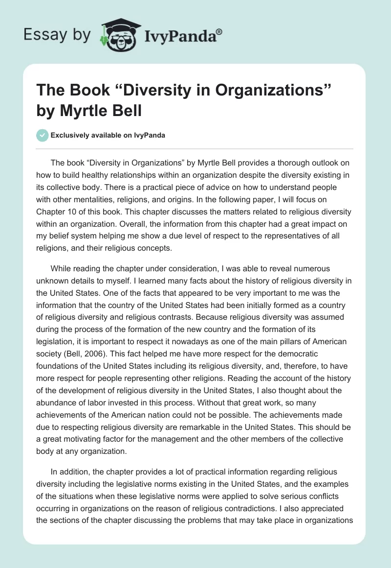 The Book “Diversity in Organizations” by Myrtle Bell. Page 1