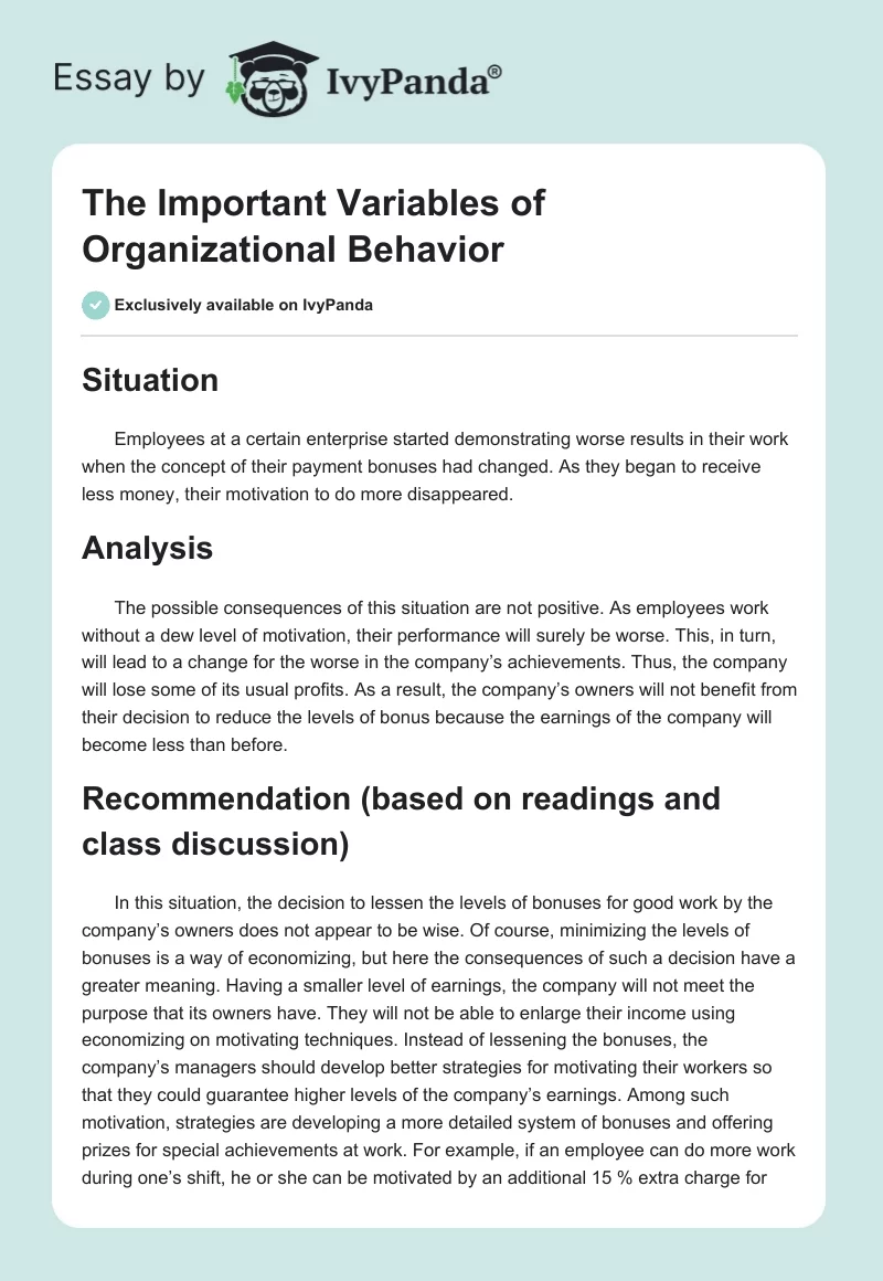 The Important Variables of Organizational Behavior. Page 1