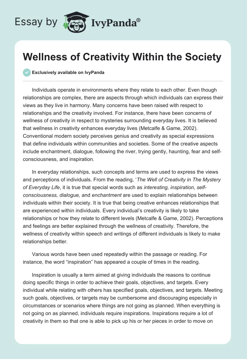 Wellness of Creativity Within the Society. Page 1