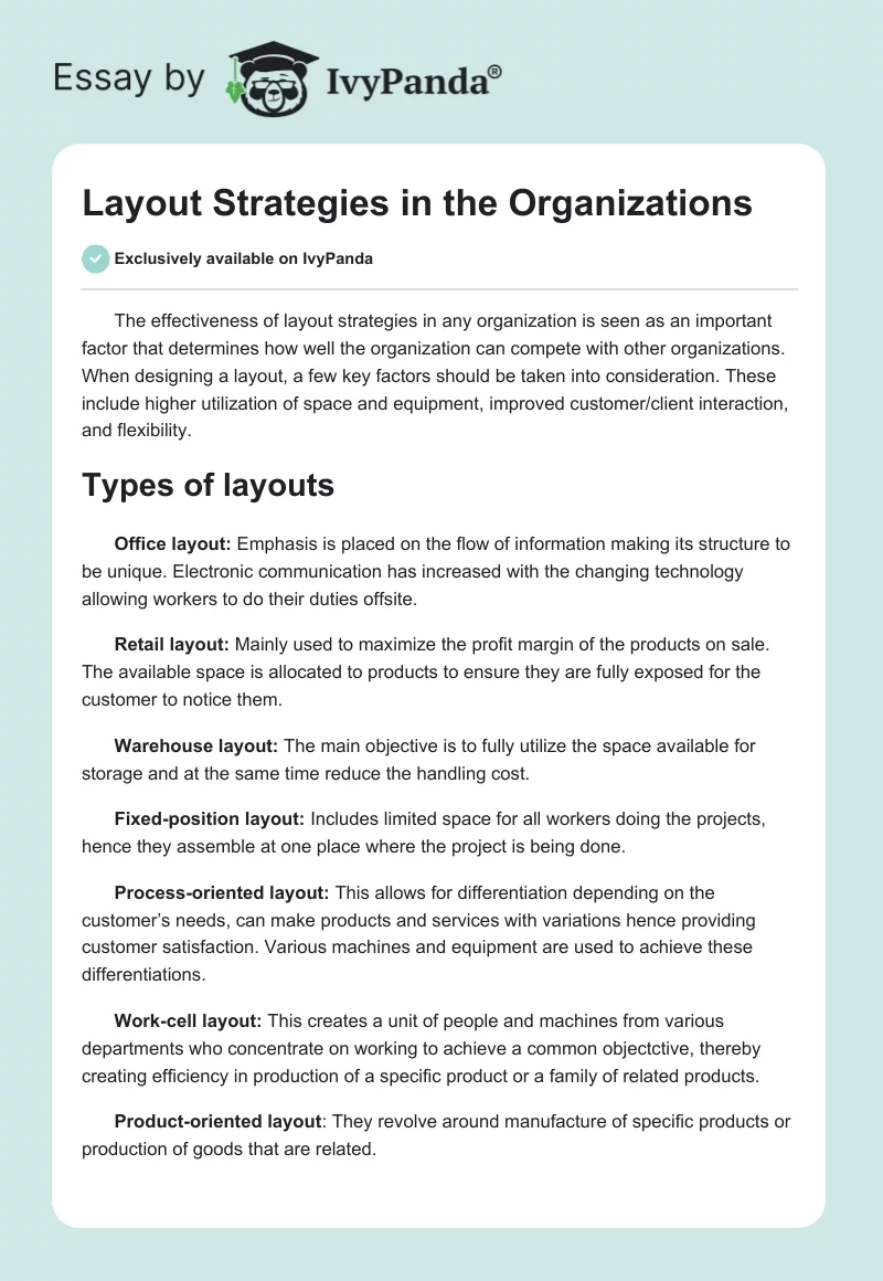 Layout Strategies in the Organizations - 487 Words | Case Study Example