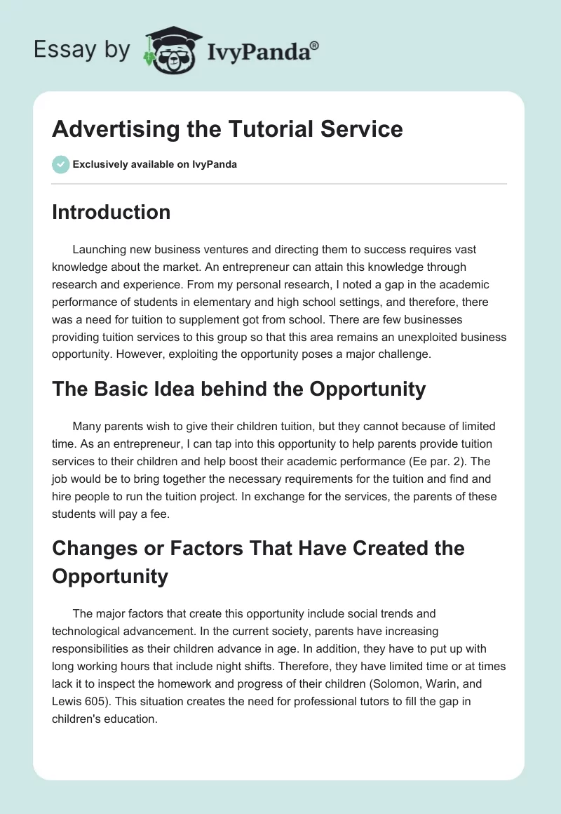 Advertising the Tutorial Service. Page 1
