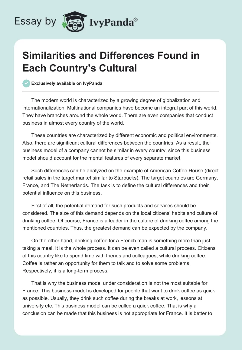 Similarities and Differences Found in Each Country’s Cultural. Page 1