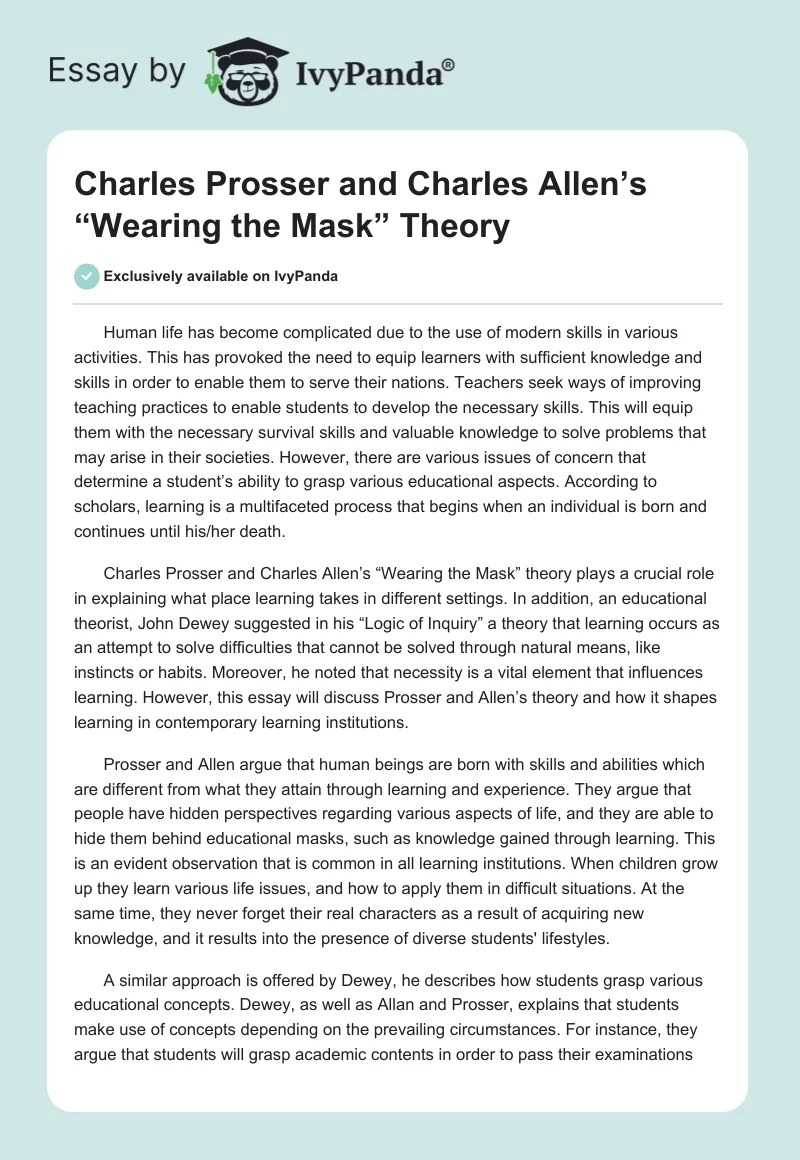 Charles Prosser and Charles Allen’s “Wearing the Mask” Theory. Page 1
