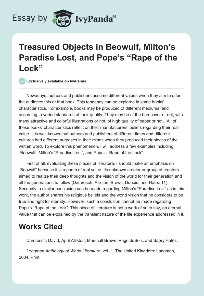 Treasured Objects in Beowulf, Milton’s Paradise Lost, and Pope’s “Rape of the Lock”. Page 1